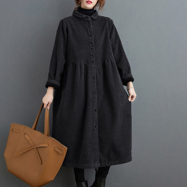 Buddha Stones Plain Buttons Design Women's Cotton Corduroy Fleece-Lined Coat With Pockets - image 7
