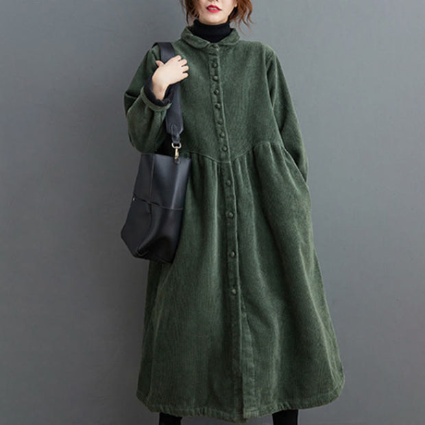 Buddha Stones Plain Buttons Design Women's Cotton Corduroy Fleece-Lined Coat With Pockets - SeaGreen - US8-10，UK/AU12-14，EU40-42 (2XL) - image 10