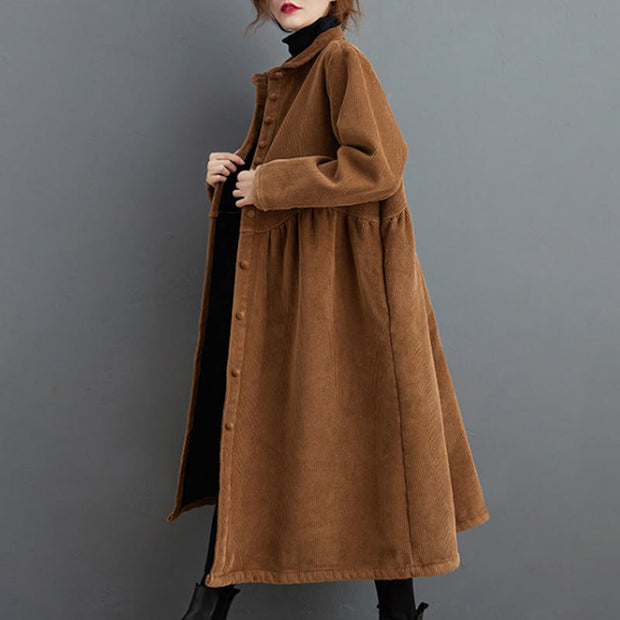 Buddha Stones Plain Buttons Design Women's Cotton Corduroy Fleece-Lined Coat With Pockets - image 18