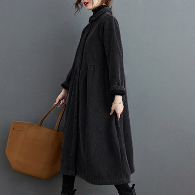 Buddha Stones Plain Buttons Design Women's Cotton Corduroy Fleece-Lined Coat With Pockets - image 5