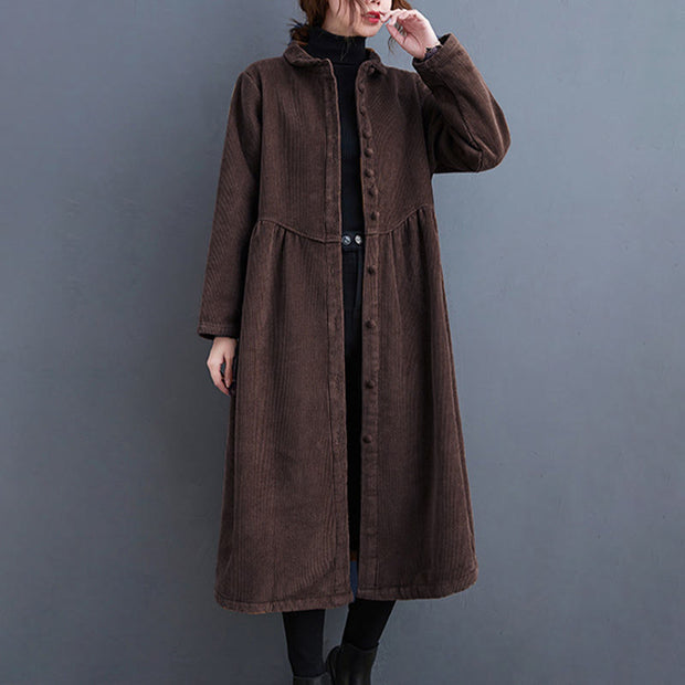 Buddha Stones Plain Buttons Design Women's Cotton Corduroy Fleece-Lined Coat With Pockets - image 25