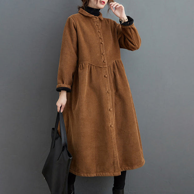 Buddha Stones Plain Buttons Design Women's Cotton Corduroy Fleece-Lined Coat With Pockets - image 22