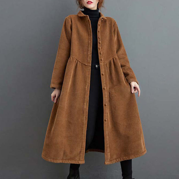 Buddha Stones Plain Buttons Design Women's Cotton Corduroy Fleece-Lined Coat With Pockets - Peru - US8-10，UK/AU12-14，EU40-42 (2XL) - image 17