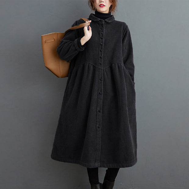 Buddha Stones Plain Buttons Design Women's Cotton Corduroy Fleece-Lined Coat With Pockets - image 6