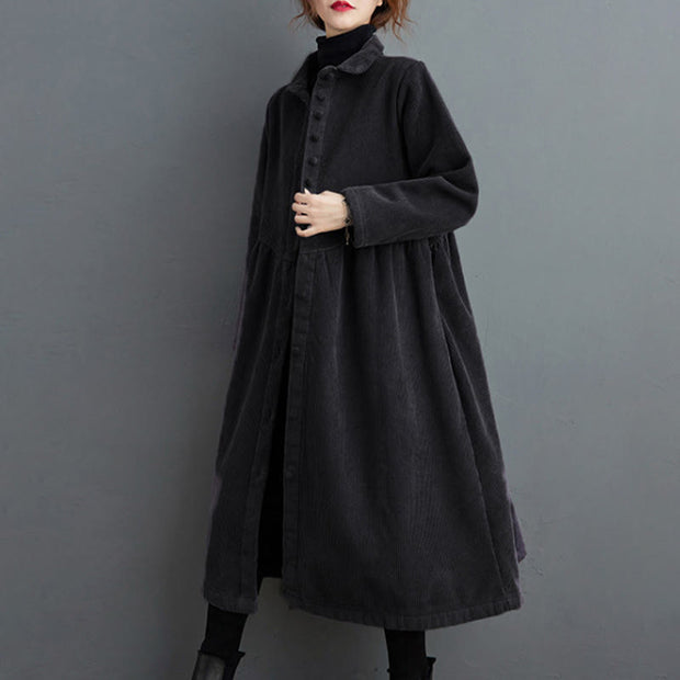 Buddha Stones Plain Buttons Design Women's Cotton Corduroy Fleece-Lined Coat With Pockets - image 2