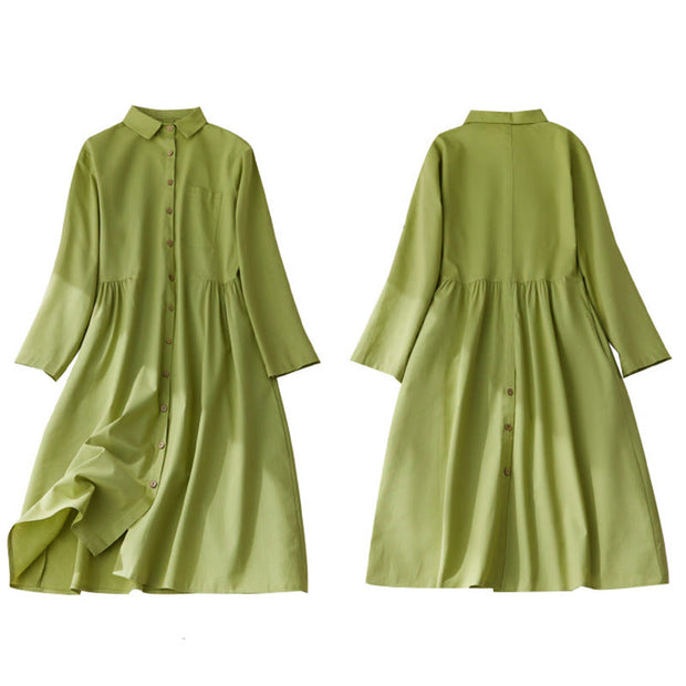 Buddha Stones Causal Commute Plain Buttons Design Lapel Cotton Midi Dress With Pockets - image 11