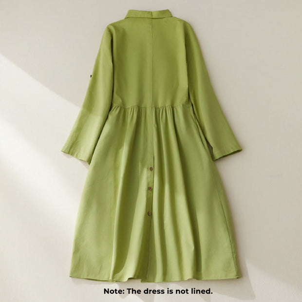 Buddha Stones Causal Commute Plain Buttons Design Lapel Cotton Midi Dress With Pockets - image 2