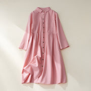 Buddha Stones Causal Commute Plain Buttons Design Lapel Cotton Midi Dress With Pockets - LightPink - US8-10，UK/AU12-14，EU40-42 (2XL) - image 12
