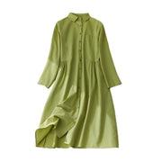 Buddha Stones Causal Commute Plain Buttons Design Lapel Cotton Midi Dress With Pockets - image 10
