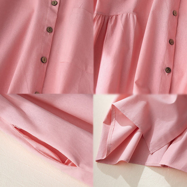 Buddha Stones Causal Commute Plain Buttons Design Lapel Cotton Midi Dress With Pockets - image 14
