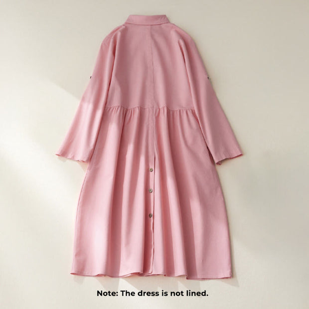 Buddha Stones Causal Commute Plain Buttons Design Lapel Cotton Midi Dress With Pockets - image 13