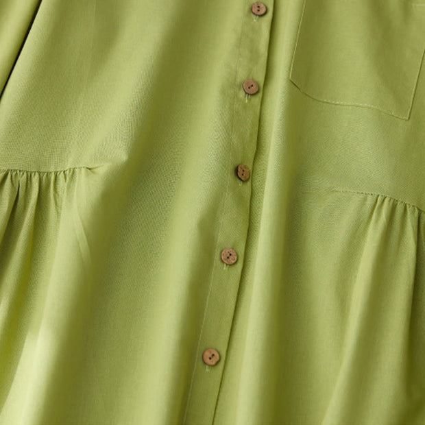 Buddha Stones Causal Commute Plain Buttons Design Lapel Cotton Midi Dress With Pockets - image 4