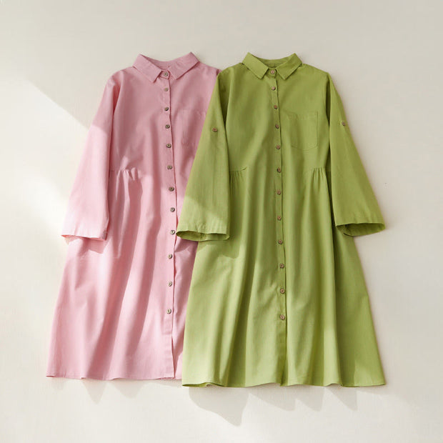Buddha Stones Causal Commute Plain Buttons Design Lapel Cotton Midi Dress With Pockets - image 15