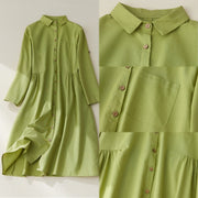 Buddha Stones Causal Commute Plain Buttons Design Lapel Cotton Midi Dress With Pockets - image 9