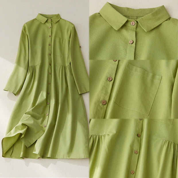 Buddha Stones Causal Commute Plain Buttons Design Lapel Cotton Midi Dress With Pockets - image 9