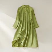 Buddha Stones Causal Commute Plain Buttons Design Lapel Cotton Midi Dress With Pockets - YellowGreen - US8-10，UK/AU12-14，EU40-42 (2XL) - image 1