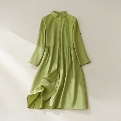 Buddha Stones Causal Commute Plain Buttons Design Lapel Cotton Midi Dress With Pockets - YellowGreen - US8-10，UK/AU12-14，EU40-42 (2XL) - image 1