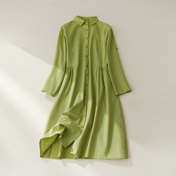 Buddha Stones Causal Commute Plain Buttons Design Lapel Cotton Midi Dress With Pockets - YellowGreen - US8-10，UK/AU12-14，EU40-42 (2XL) - image 1