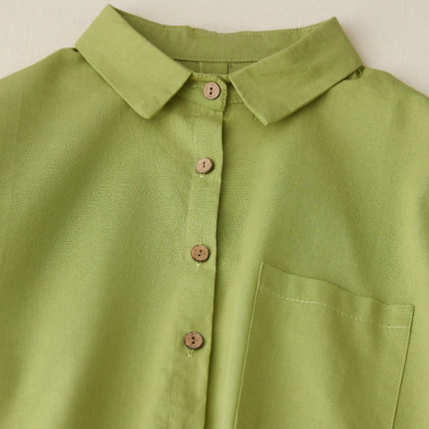 Buddha Stones Causal Commute Plain Buttons Design Lapel Cotton Midi Dress With Pockets - image 3