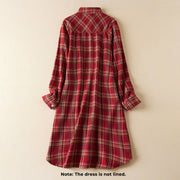 Buddha Stones Spring Color Contrast Plaid Pattern Lapel Cotton Midi Dress With Pockets - image 2