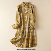 Buddha Stones Spring Color Contrast Plaid Pattern Lapel Cotton Midi Dress With Pockets - image 12