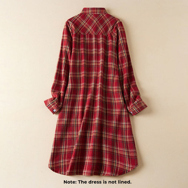Buddha Stones Spring Color Contrast Plaid Pattern Lapel Cotton Midi Dress With Pockets - image 2