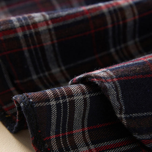 Buddha Stones Spring Color Contrast Plaid Pattern Lapel Cotton Midi Dress With Pockets - image 29