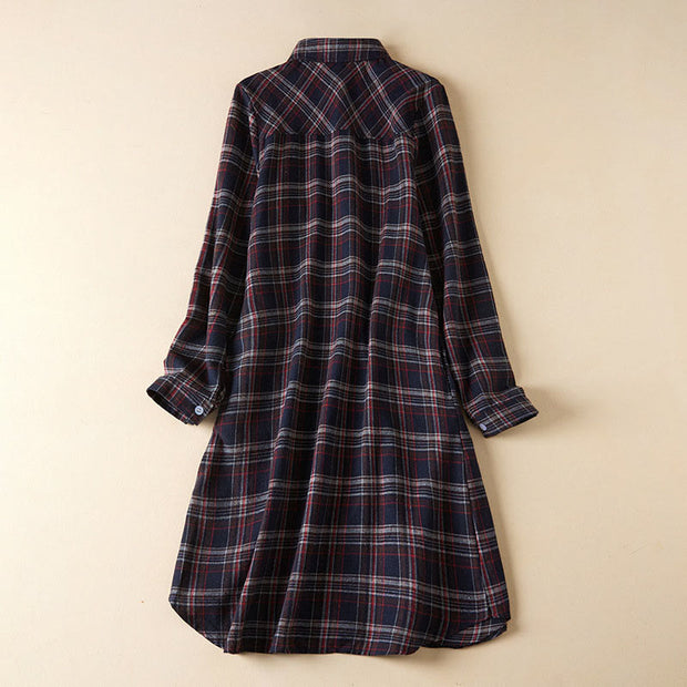 Buddha Stones Spring Color Contrast Plaid Pattern Lapel Cotton Midi Dress With Pockets - MidnightBlue - US8-10，UK/AU12-14，EU40-42 (2XL) - image 21