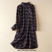 Buddha Stones Spring Color Contrast Plaid Pattern Lapel Cotton Midi Dress With Pockets - image 22