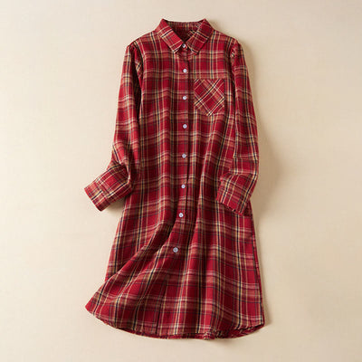 Buddha Stones Spring Color Contrast Plaid Pattern Lapel Cotton Midi Dress With Pockets - Crimson - US8-10，UK/AU12-14，EU40-42 (2XL) - image 1