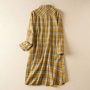 Buddha Stones Spring Color Contrast Plaid Pattern Lapel Cotton Midi Dress With Pockets - Gold - US8-10，UK/AU12-14，EU40-42 (2XL) - image 11