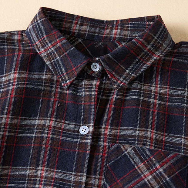 Buddha Stones Spring Color Contrast Plaid Pattern Lapel Cotton Midi Dress With Pockets - image 23