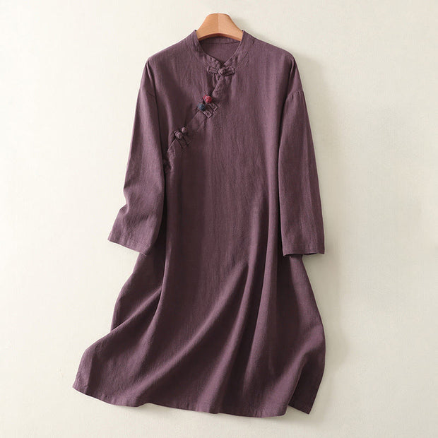 Buddha Stones Spring Vintage Diagonal Closure Frog Buttons Design Cotton Midi Dress - DarkMagenta - US12，UK/AU16，EU44 (2XL) - image 2