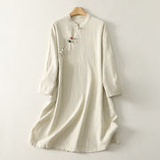 Buddha Stones Spring Vintage Diagonal Closure Frog Buttons Design Cotton Midi Dress - Linen - US12，UK/AU16，EU44 (2XL) - image 7