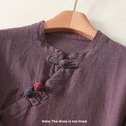 Buddha Stones Spring Vintage Diagonal Closure Frog Buttons Design Cotton Midi Dress - image 3
