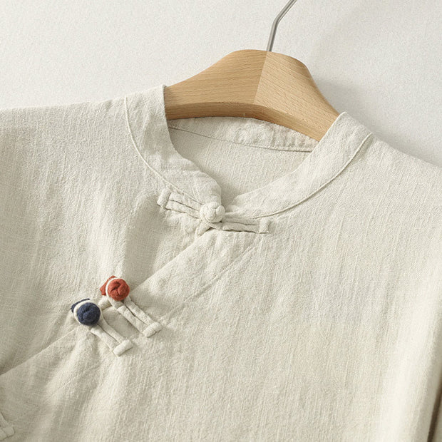 Buddha Stones Spring Vintage Diagonal Closure Frog Buttons Design Cotton Midi Dress - image 9