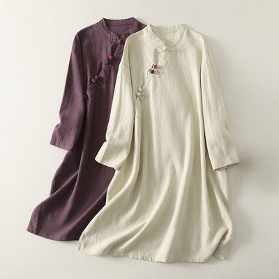 Buddha Stones Spring Vintage Diagonal Closure Frog Buttons Design Cotton Midi Dress - image 1