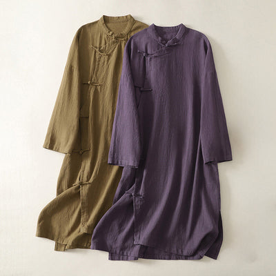 Buddha Stones Casual Vintage Solid Color Frog Buttons Asymmetrical Design Cotton Linen Midi Dress - image 1