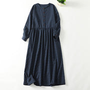 Buddha Stones Retro Contrasting Color Plaid Puff Sleeve Cotton Linen Midi Dress With Pockets - DarkBlue - US8-10，UK/AU12-14，EU40-42 (2XL) - image 1