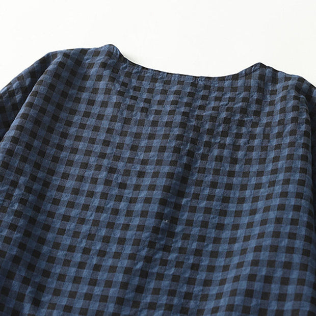 Buddha Stones Retro Contrasting Color Plaid Puff Sleeve Cotton Linen Midi Dress With Pockets - image 4