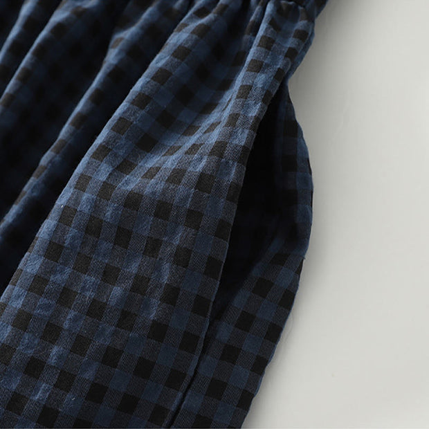 Buddha Stones Retro Contrasting Color Plaid Puff Sleeve Cotton Linen Midi Dress With Pockets - image 9