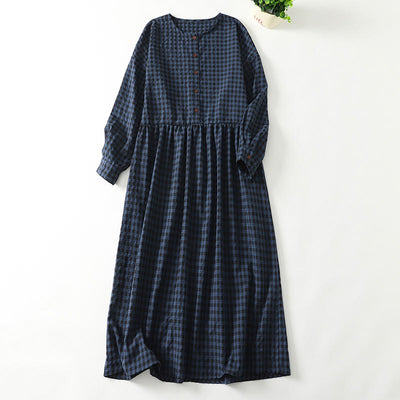 Buddha Stones Retro Contrasting Color Plaid Puff Sleeve Cotton Linen Midi Dress With Pockets - DarkBlue - US8-10，UK/AU12-14，EU40-42 (2XL) - image 1