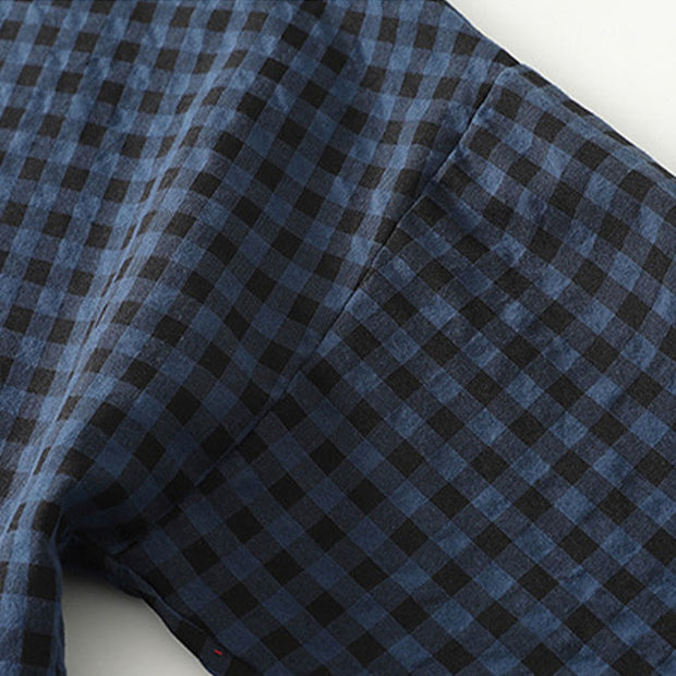 Buddha Stones Retro Contrasting Color Plaid Puff Sleeve Cotton Linen Midi Dress With Pockets - image 7
