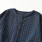 Buddha Stones Retro Contrasting Color Plaid Puff Sleeve Cotton Linen Midi Dress With Pockets - image 3