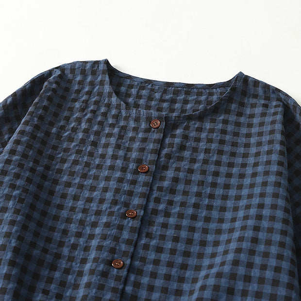 Buddha Stones Retro Contrasting Color Plaid Puff Sleeve Cotton Linen Midi Dress With Pockets - image 3