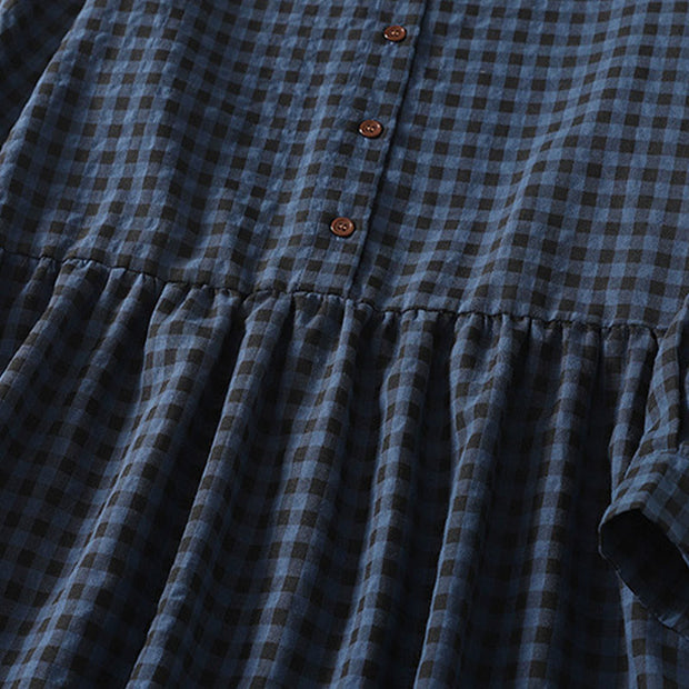 Buddha Stones Retro Contrasting Color Plaid Puff Sleeve Cotton Linen Midi Dress With Pockets - image 5