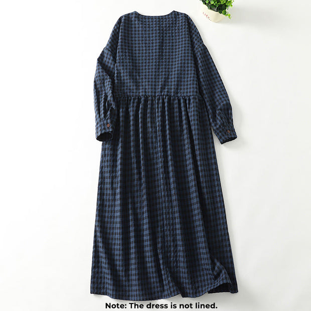 Buddha Stones Retro Contrasting Color Plaid Puff Sleeve Cotton Linen Midi Dress With Pockets - image 2