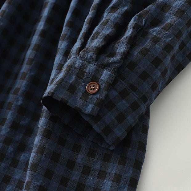 Buddha Stones Retro Contrasting Color Plaid Puff Sleeve Cotton Linen Midi Dress With Pockets - image 8