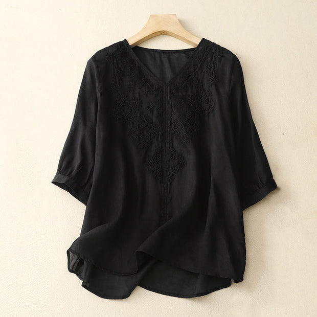 Buddha Stones V-Neck Lines Embroidery Women's Half Sleeve Shirt - Black - US12，UK/AU16，EU44 (2XL) - image 12
