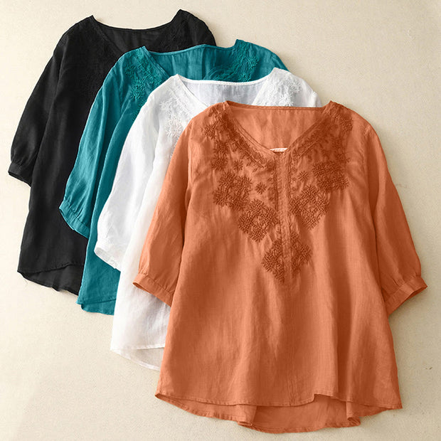 Buddha Stones V-Neck Lines Embroidery Women's Half Sleeve Shirt - image 20